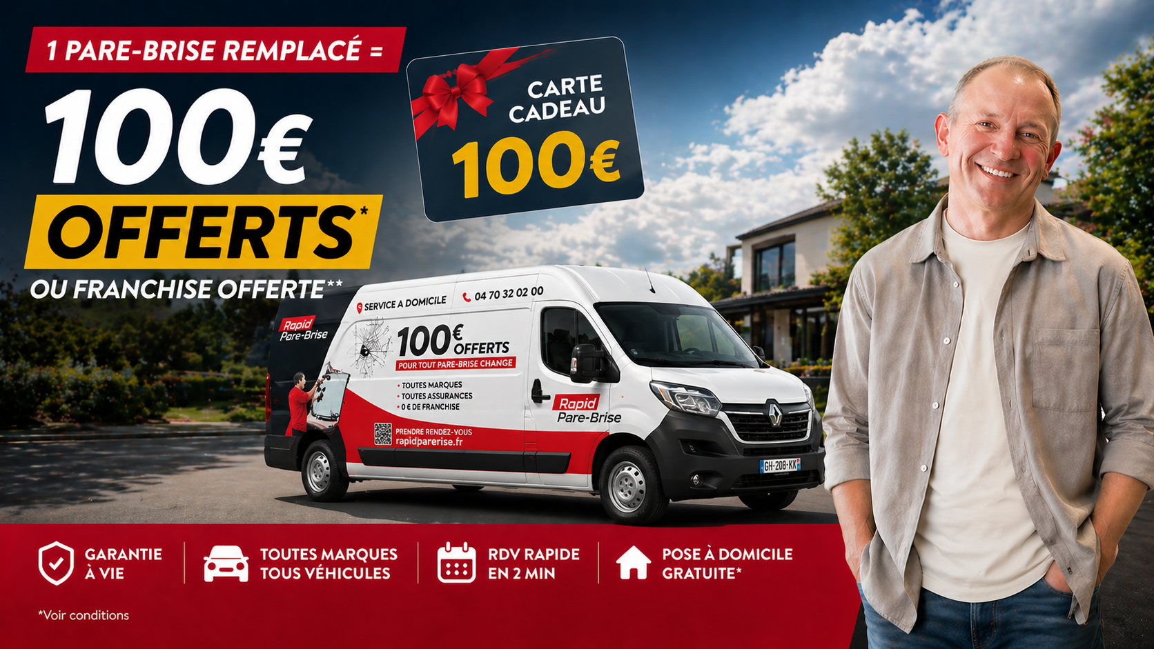 1 pare-brise remplacé = 100€ offerts ou franchise offerte