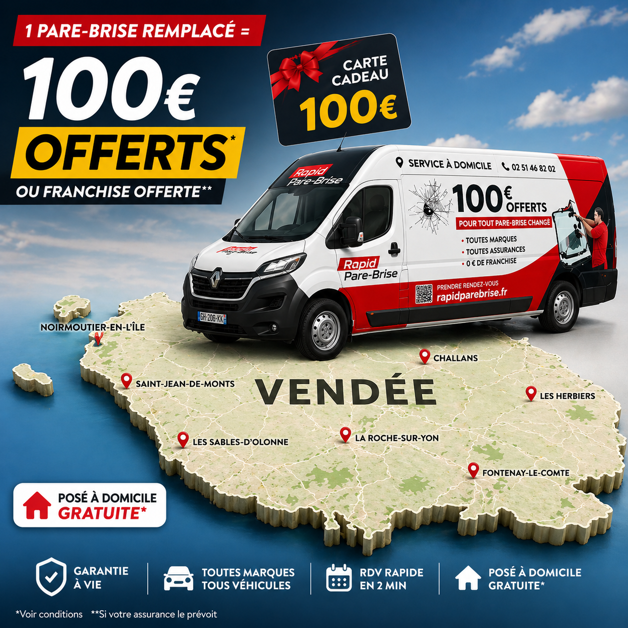 Zone d'intervention Rapid Pare-Brise en Vendée — pose à domicile
